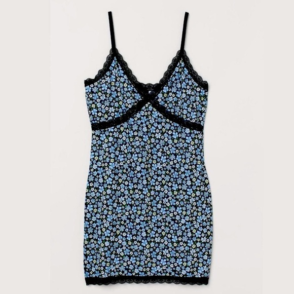 H&M DIVIDED (Size M) Blue Floral Black Slip Dress - Picture 2 of 8